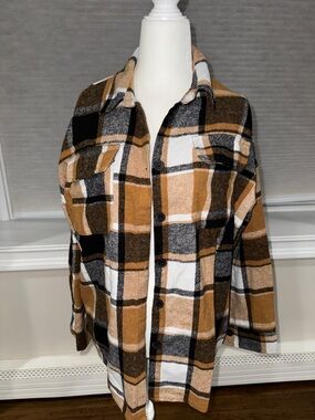 Women's Plaid Shacket Jacket - Camel, Black & White